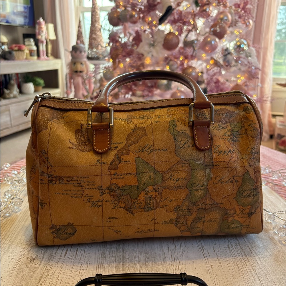 Alviero Martini Brown Map Print Boston  Hand Bag